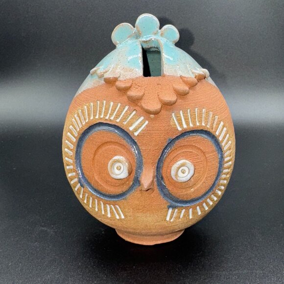 Pottery Owl Coin Bank Figurine Red Clay Signed Copeland Blue Glaze - Picture 1 of 5